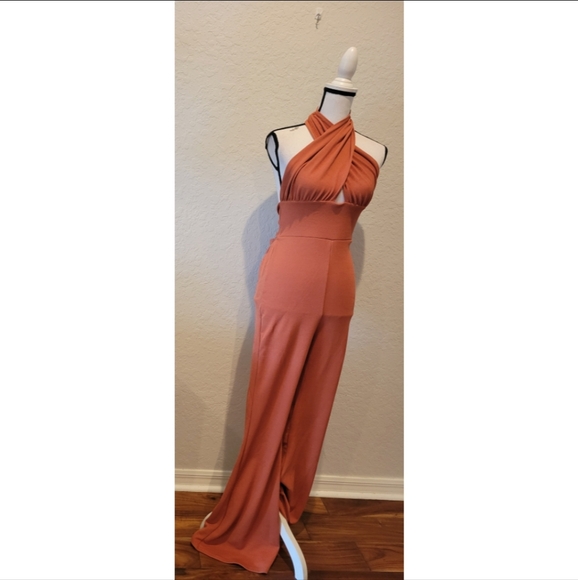 Burnt Orange Ribbed Halter Jumpsuit - Picture 3 of 4